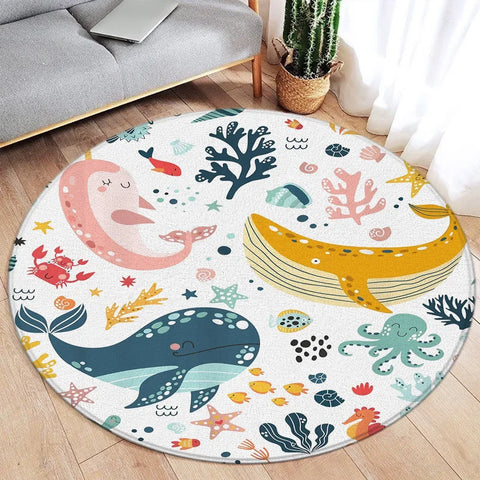 Navak Carpet Cartoon Round Carpet Ocean Fish Dolphin Starfish Cute Deer Lion Elephant Tiger Kids Bedroom Mat Home Living Room Decor Floor Rug
