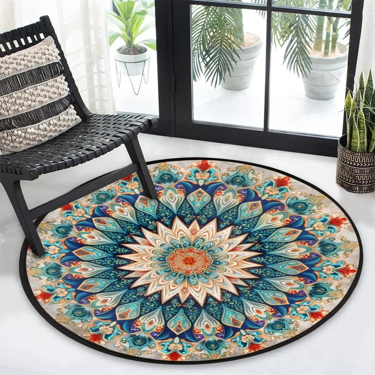 Navak Carpet Round Rug 33.88in Indoor Circle Area Rug Vintage Mandala Flower Round Shape Round Non Slip Washable Easy Soft Throw Rugs Floor C