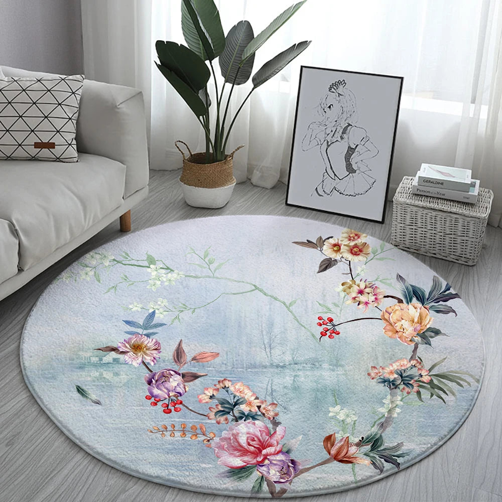 Navak Carpet Home Living Room Bedroom Bathroom Floor Mat Printing Decorative Carpet Flower and Bird  Round  Peony Rose