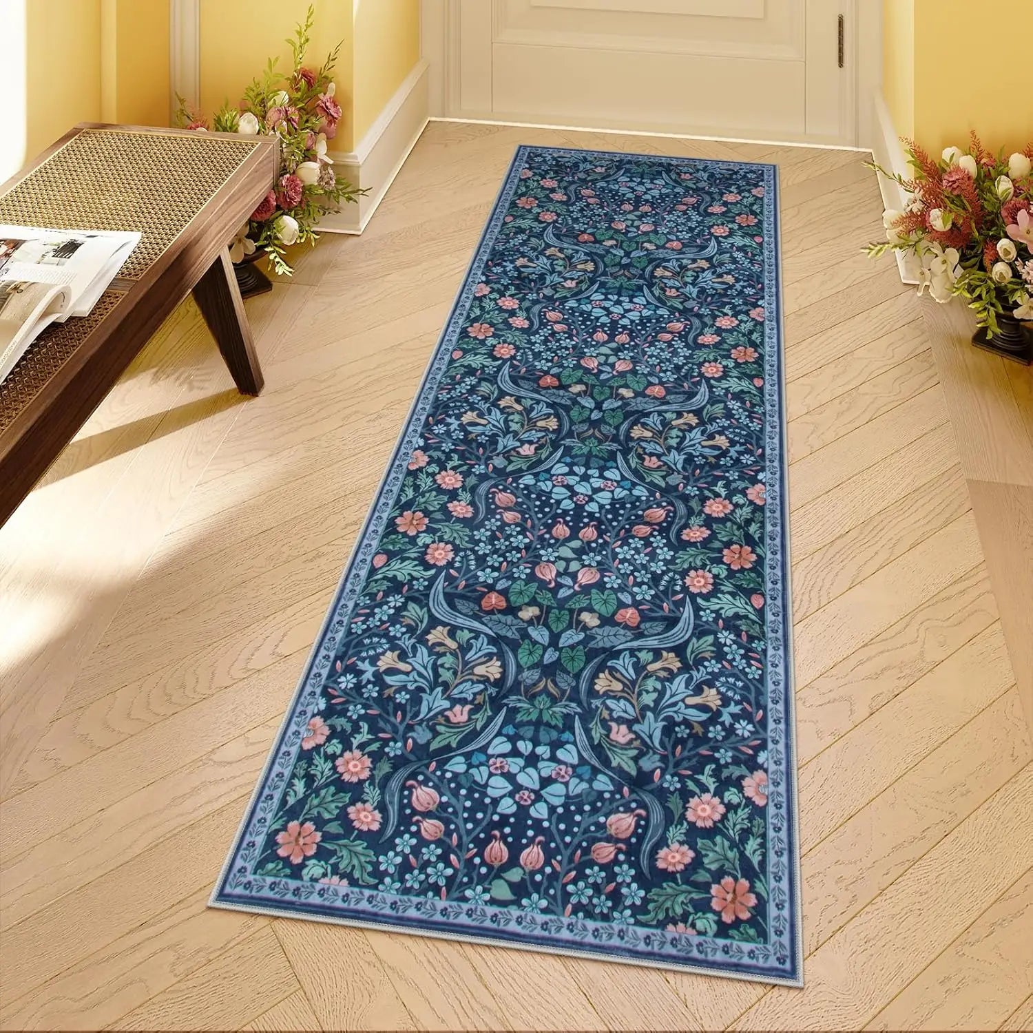 Navak Carpet Floral Washable Rugs, Soft Large Boho Bedroom Rug, Botanical Non Slip Ultra Thin Floor Carpet for Dining Room Nursery Office