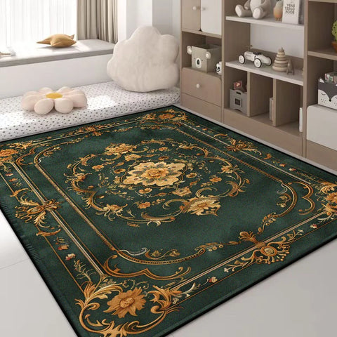 Navak Carpet Luxury Green Flower Area Rug – Non-Slip Large Living Room Carpet, Golden Border Washable Soft Mat for Bedroom Home Decor