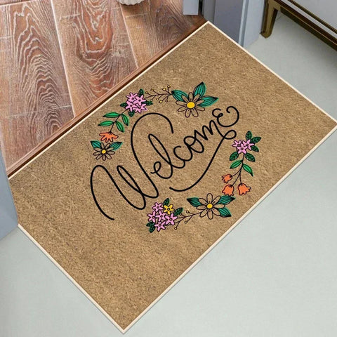 Navak Carpet 1Pc Floral Letter Print Welcome Doormat Anti-Slip Bath Rug Fade Resistant Kitchen Garden Floor Mat Washable Home Decor Carpets