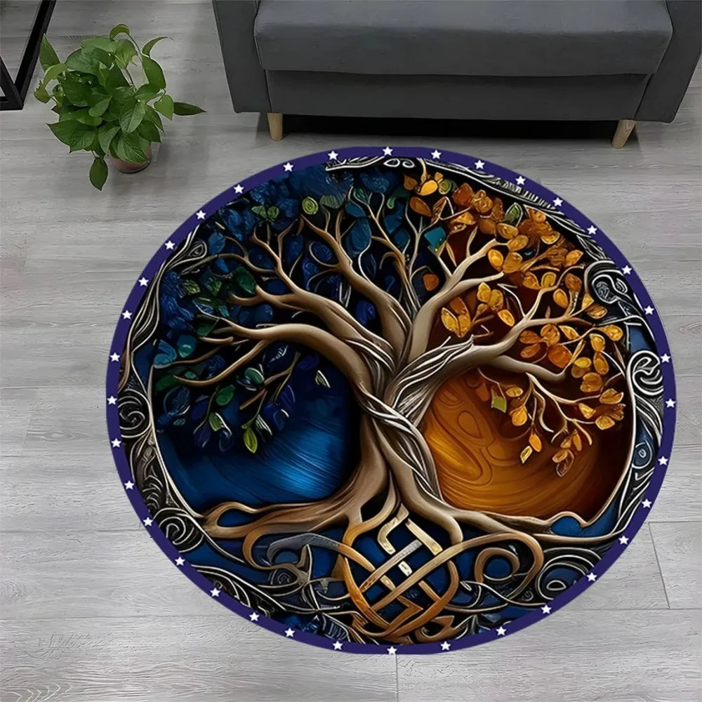 Navak Carpet Tree of Life Round Rug Nature Mandala Rug Ancient Spiritual Decor Carpet Meditation Space Rug Washable and Non Slip Floor Mat