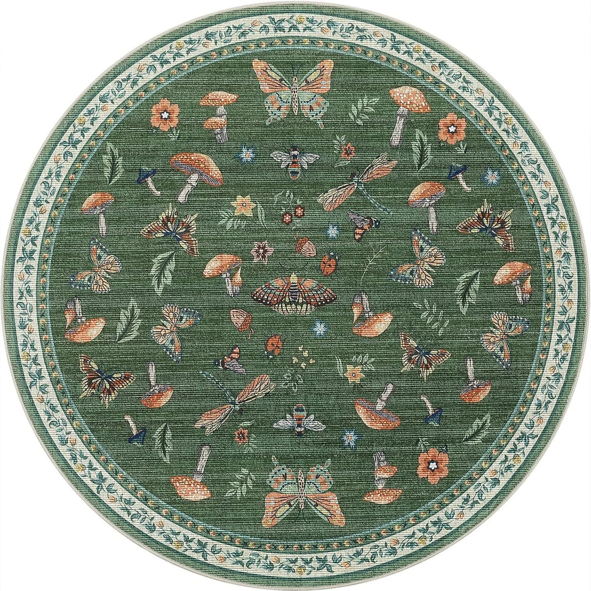 Navak Carpet Round Boho Floral Carpet - Vibrant Mushroom & Butterfly Print, Non-Slip Area Rug for Living Room/Bedroom, Nature-Inspired Decor