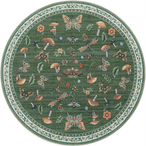 Navak Carpet Round Boho Floral Carpet - Vibrant Mushroom & Butterfly Print, Non-Slip Area Rug for Living Room/Bedroom, Nature-Inspired Decor