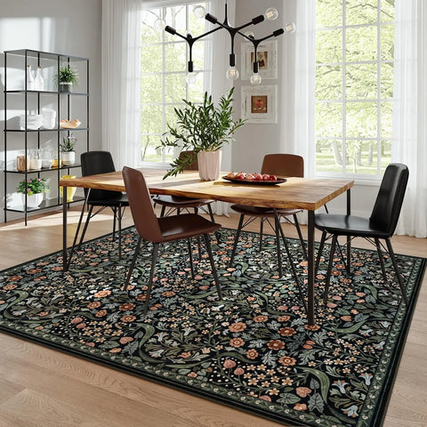 Navak Carpet Floral Washable Rugs, Soft Large Boho Bedroom Rug, Botanical Non Slip Ultra Thin Floor Carpet for Dining Room Nursery Office
