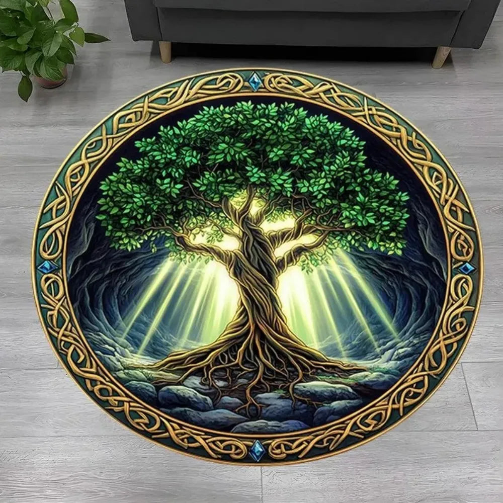 Navak Carpet Tree of Life Round Rug Nature Mandala Rug Ancient Spiritual Decor Carpet Meditation Space Rug Washable and Non Slip Floor Mat
