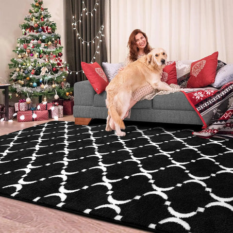 Navak Carpet Large Shag Area Rug Memory Foam Living Room Rug 6x9 Feet, Black Plush Geometric Bedroom Rug, Indoor Carpet for Kids Room Decor