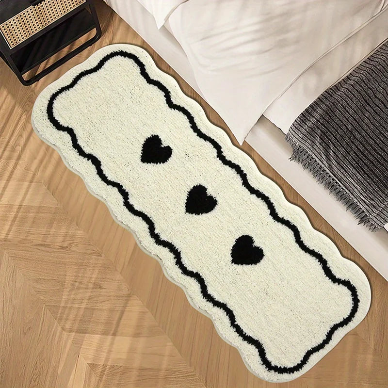 Navak Carpet Exclusive Picks Black And White Heart-Shaped Long Rug, Fluffy And Soft Home Decor Bedside Rug For Bedroom, Hallway And Corridor Floor Mat