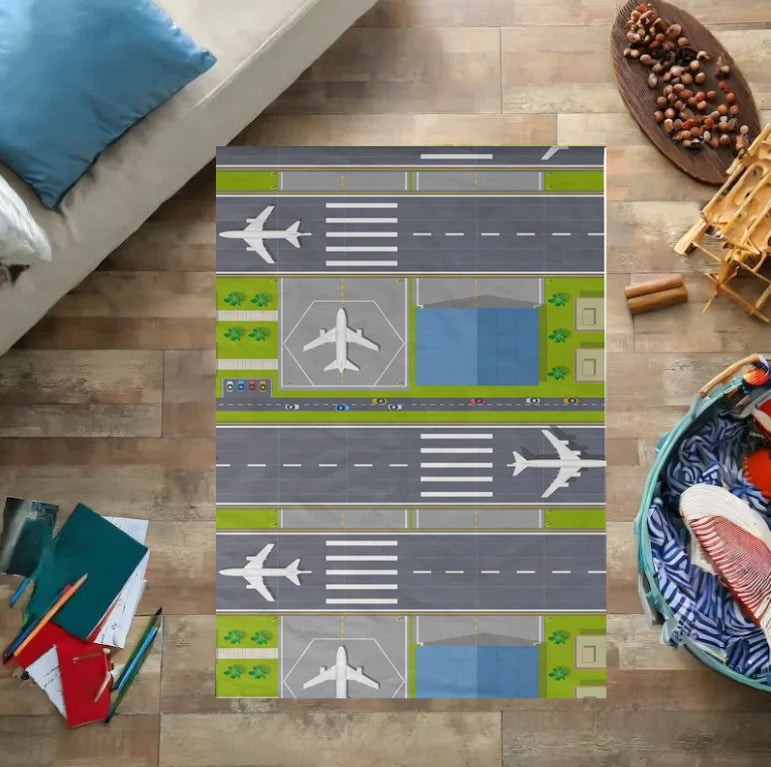 Navak Carpet Kids Play Area Rugs Airport Landing Strips Top View Aircraft and Airplane Arrival Carpet Kids' Bedroom Playroom Nursery 3D Decor