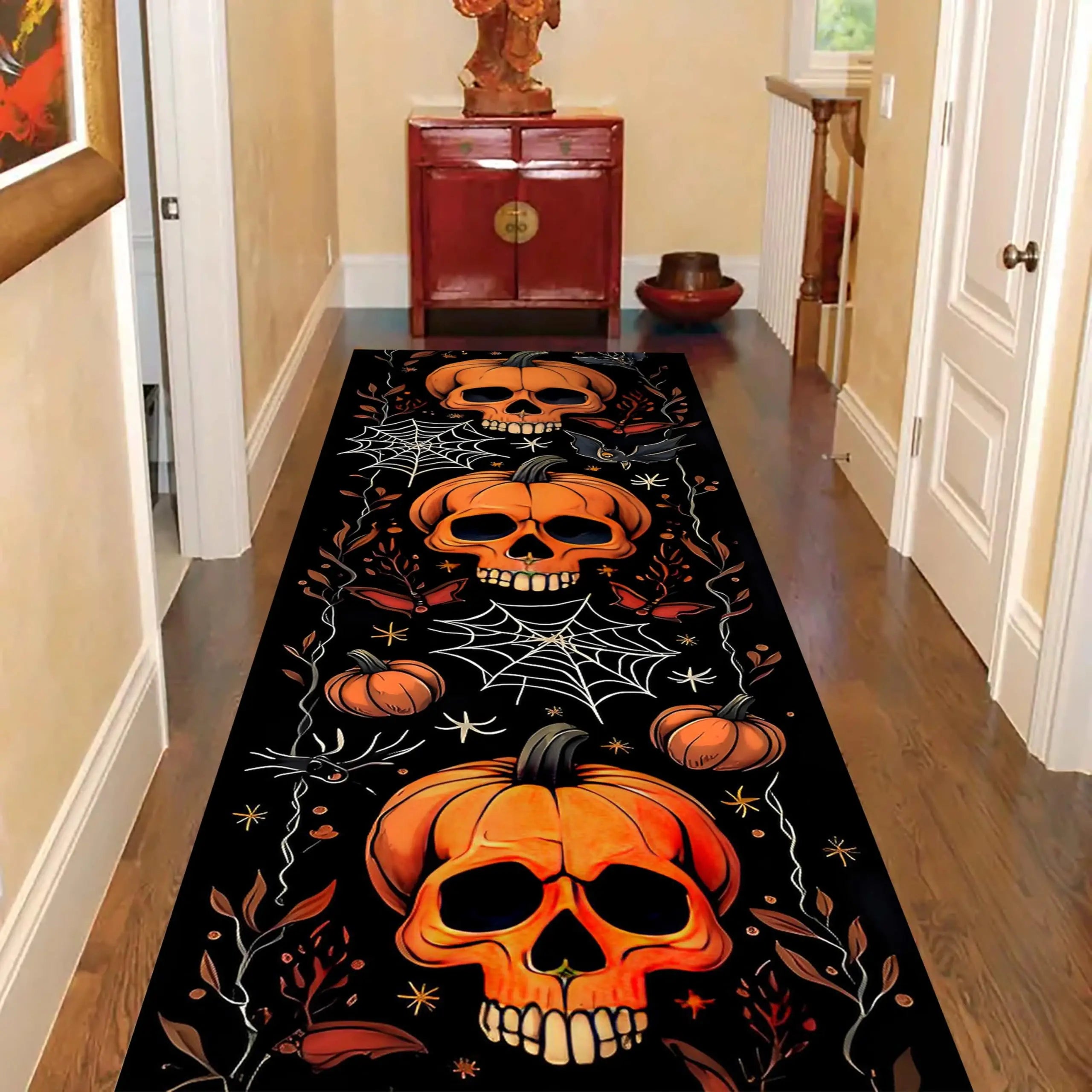 Navak Carpet Exclusive Picks Halloween Runner Rug Abstract Pumpkin Skull Carpet Kitchen Anti-Slip Spider Web Printed Rugs for Living Room Home Decor