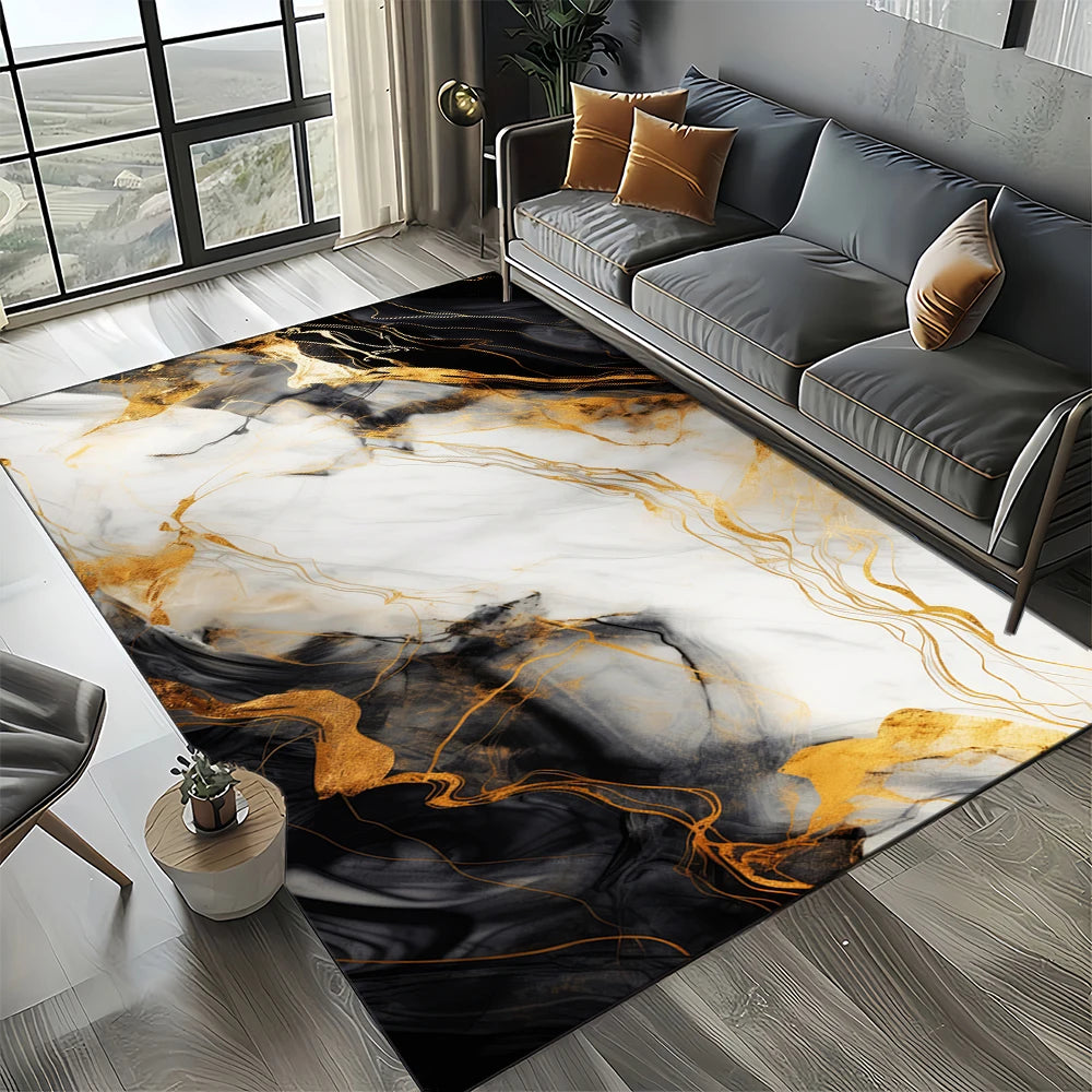 Navak Carpet Elegant Black White & Gold Area Rug – Sophisticated Marble-Like Pattern for Living Room or Bedroom, Non-Slip Modern Home Decor