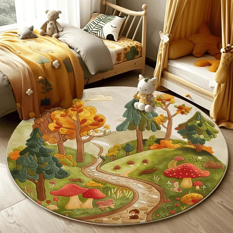 Navak Carpet Forest Pattern Living Room Lovely Round Bedroom Decorative Carpet Washable Children Floor Mat Study Rug