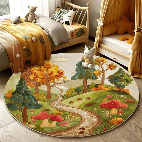 Navak Carpet Forest Pattern Living Room Lovely Round Bedroom Decorative Carpet Washable Children Floor Mat Study Rug