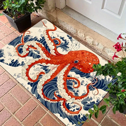 Navak Carpet Japanese Style Red Octopus Wave Pattern Door Mat - Non-Slip, for Living Room, Bathroom, Kitchen - Holiday Home Decor Gift