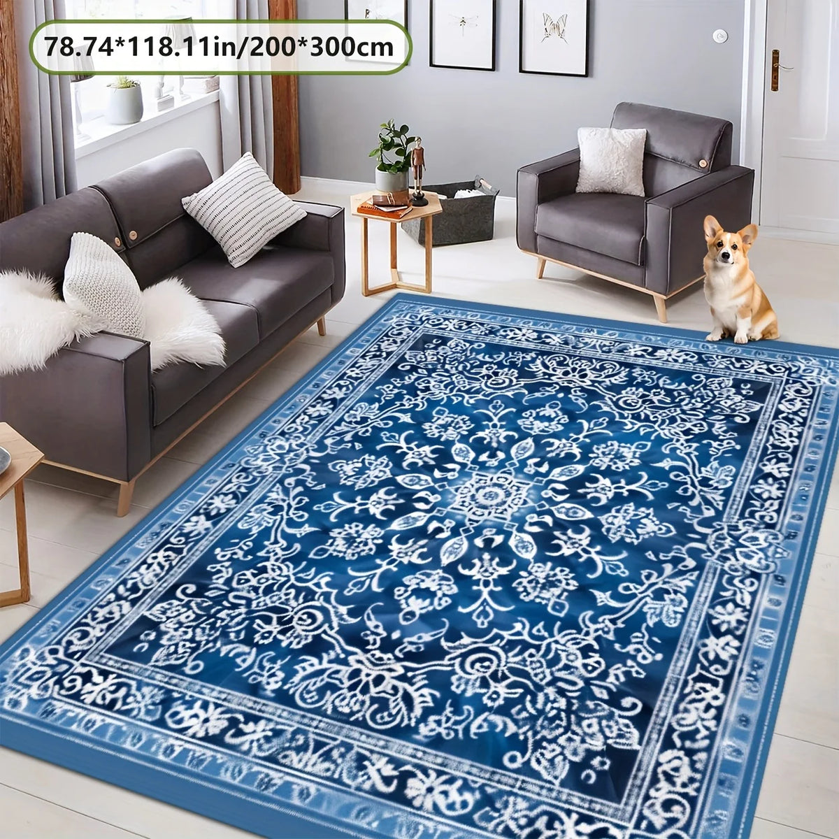 Navak Carpet Luxurious Blue Exotic Floral Area Mat - 78.74" x 118.11", Non-Slip Backing, Machine Washable, Perfect for Living Room, Bedroom,