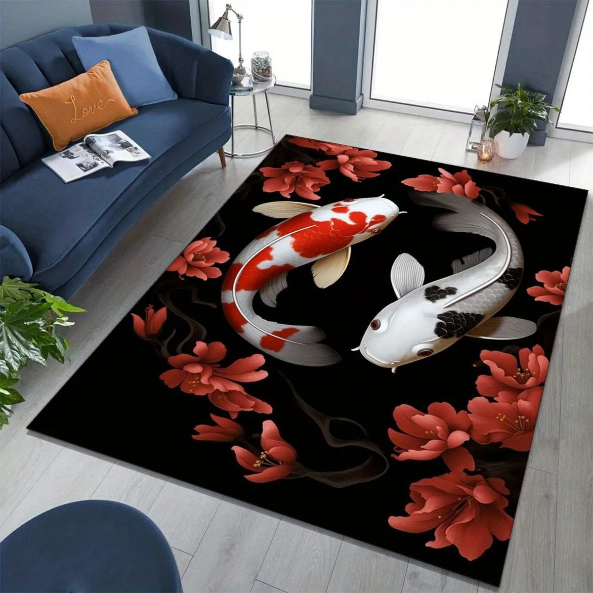 Navak Carpet Large brocade carp and cherry blossom area carpet-non-slip crystal velvet floor mat for living room and bedroom decoration