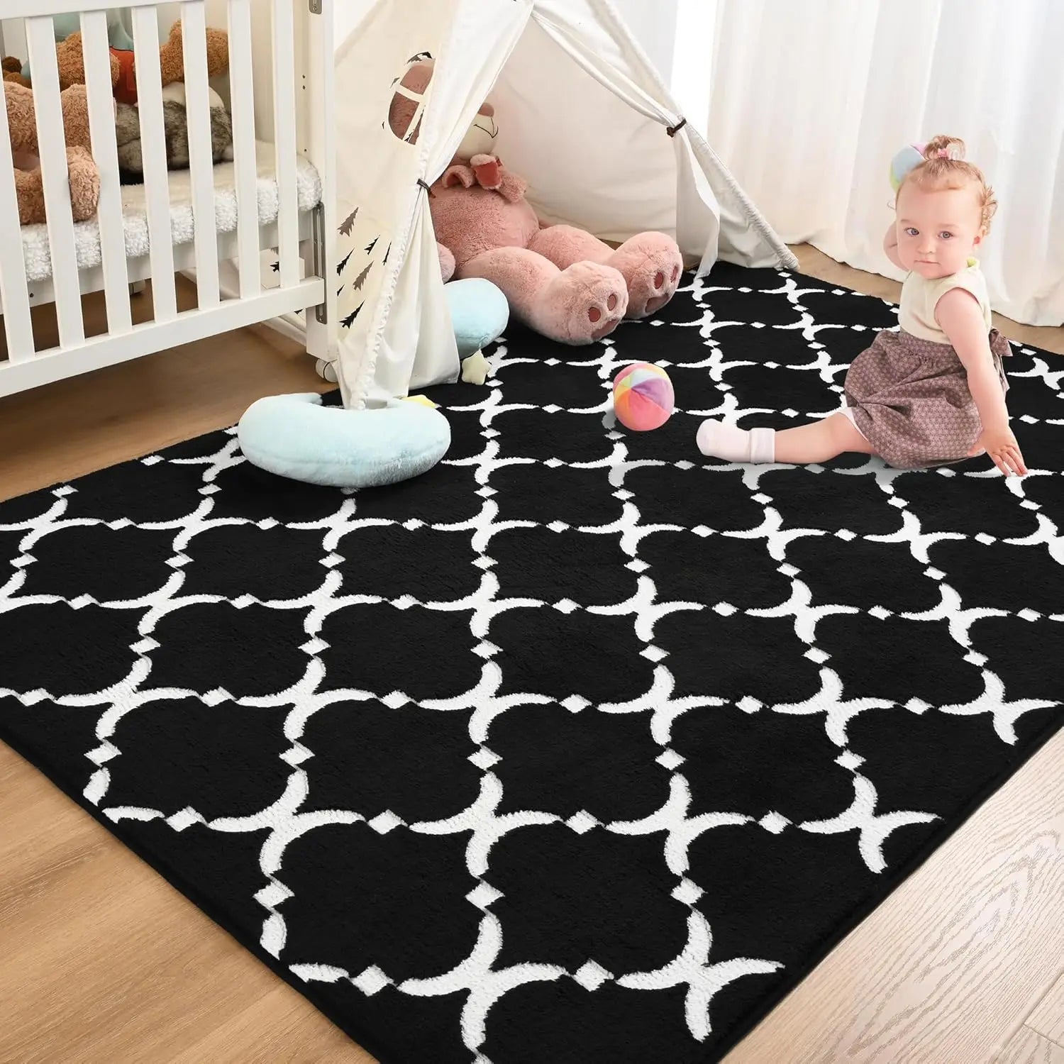 Navak Carpet Large Shag Area Rug Memory Foam Living Room Rug 6x9 Feet, Black Plush Geometric Bedroom Rug, Indoor Carpet for Kids Room Decor